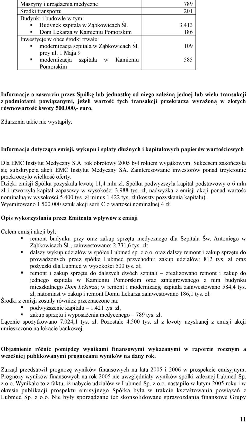 1 Maja 9 109 modernizacja szpitala w Kamieniu Pomorskim 585 Informacje o zawarciu przez Spółkę lub jednostkę od niego zależną jednej lub wielu transakcji z podmiotami powiązanymi, jeżeli wartość tych