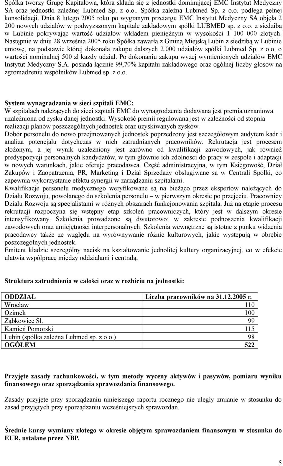 Następnie w dniu 28 września 2005 roku Spółka zawarła z Gminą Miejską Lubin z siedzibą w Lubinie umowę, na podstawie której dokonała zakupu dalszych 2.000 udziałów spółki Lubmed Sp. z o.o. o wartości nominalnej 500 zł każdy udział.