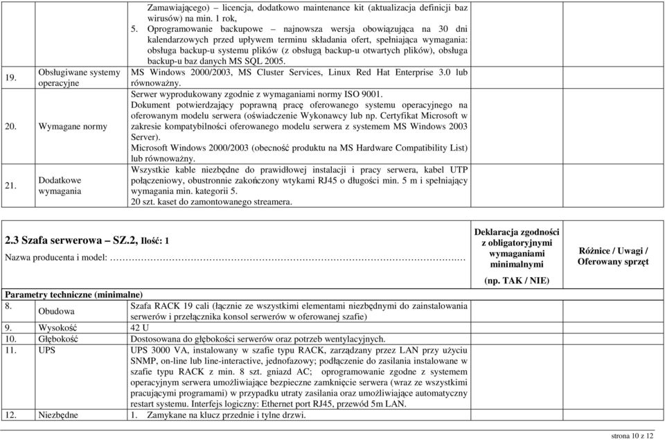 otwartych plików), obsługa backup-u baz danych MS SQL 2005. MS Windows 2000/2003, MS Cluster Services, Linux Red Hat Enterprise 3.0 lub równowaŝny. Serwer wyprodukowany zgodnie z normy ISO 9001.