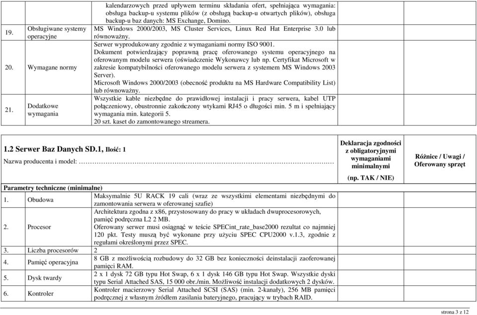 Exchange, Domino. MS Windows 2000/2003, MS Cluster Services, Linux Red Hat Enterprise 3.0 lub równowaŝny. Serwer wyprodukowany zgodnie z normy ISO 9001.