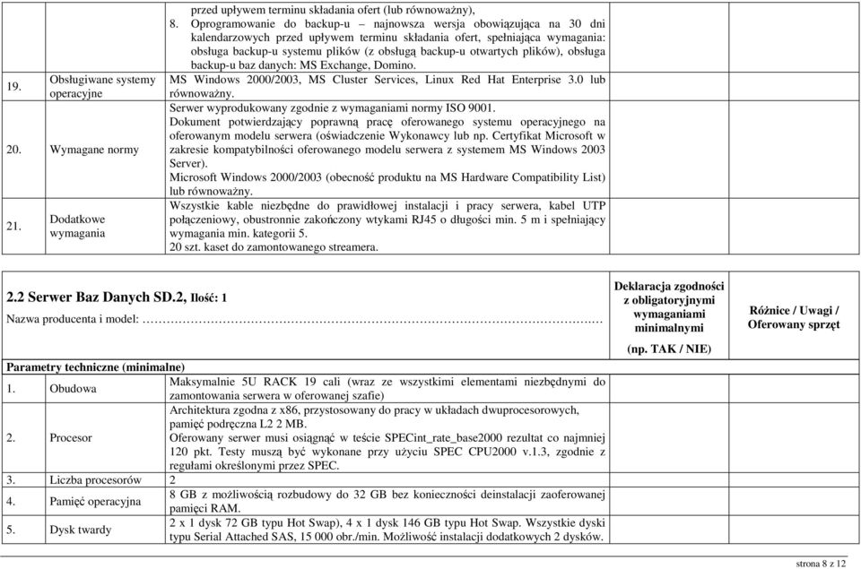 otwartych plików), obsługa backup-u baz danych: MS Exchange, Domino. MS Windows 2000/2003, MS Cluster Services, Linux Red Hat Enterprise 3.0 lub równowaŝny.