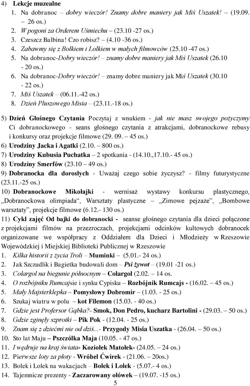 10-22 os.) 7. Miś Uszatek (06.11.-42 os.) 8. Dzień Pluszowego Misia (23.11.-18 os.