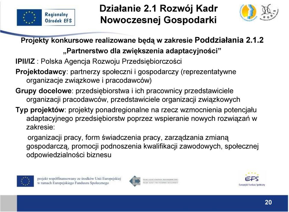 2 Partnerstwo dla zwiększenia adaptacyjności IPII/IZ : Polska Agencja Rozwoju Przedsiębiorczości Projektodawcy: partnerzy społeczni i gospodarczy (reprezentatywne organizacje związkowe i