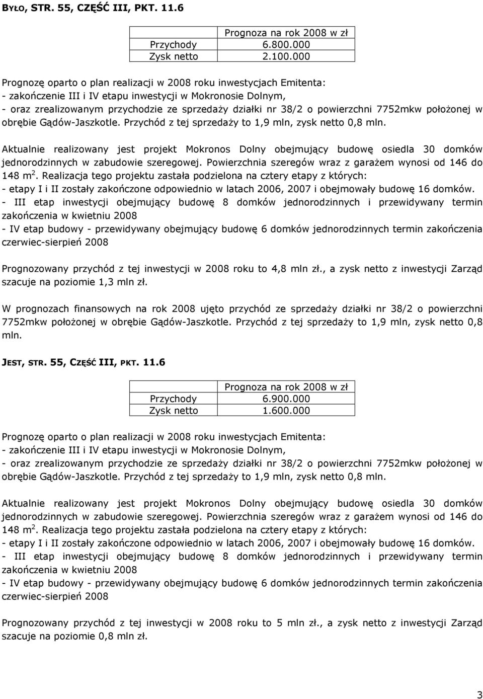 powierzchni 7752mkw położonej w obrębie Gądów-Jaszkotle. Przychód z tej sprzedaży to 1,9 mln, zysk netto 0,8 mln.