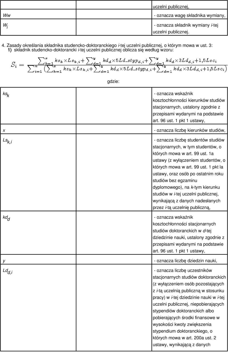 3: 1) składnik studencko-doktorancki i-tej uczelni publicznej oblicza się według wzoru: gdzie: ks k x Ls k,i kd d y Ld d,i - oznacza wskaźnik kosztochłonności kierunków studiów stacjonarnych,