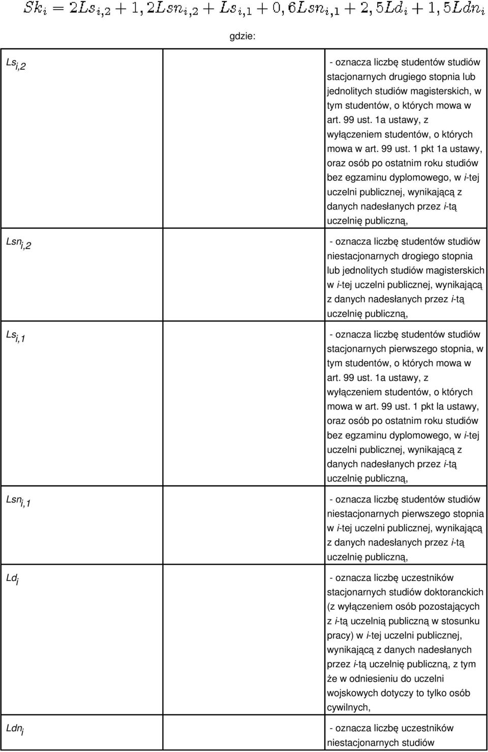 1 pkt 1a ustawy, oraz osób po ostatnim roku studiów bez egzaminu dyplomowego, w i-tej uczelni publicznej, wynikającą z danych nadesłanych przez i-tą uczelnię publiczną, - oznacza liczbę studentów