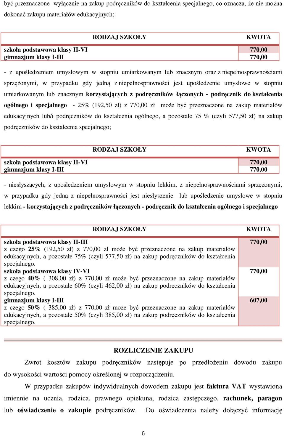 umiarkowanym lub znacznym korzystających z podręczników łączonych - podręcznik do kształcenia ogólnego i specjalnego - 25% (192,50 zł) z 770,00 zł może być przeznaczone na zakup materiałów