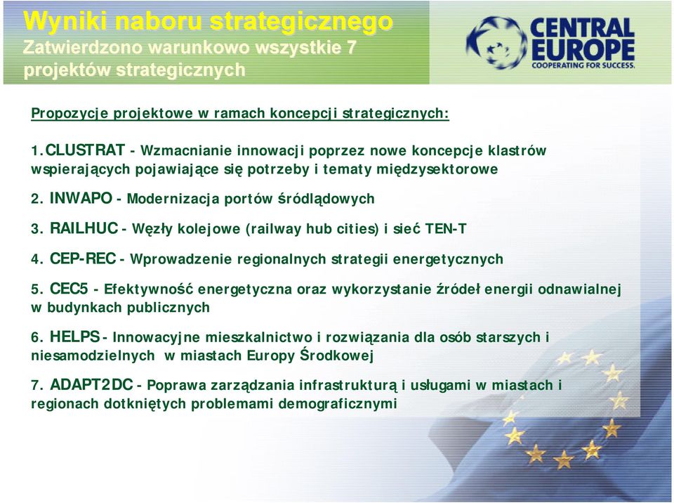RAILHUC -Węzły kolejowe (railway hub cities) i sieć TEN-T 4. CEP-REC - Wprowadzenie regionalnych strategii energetycznych 5.
