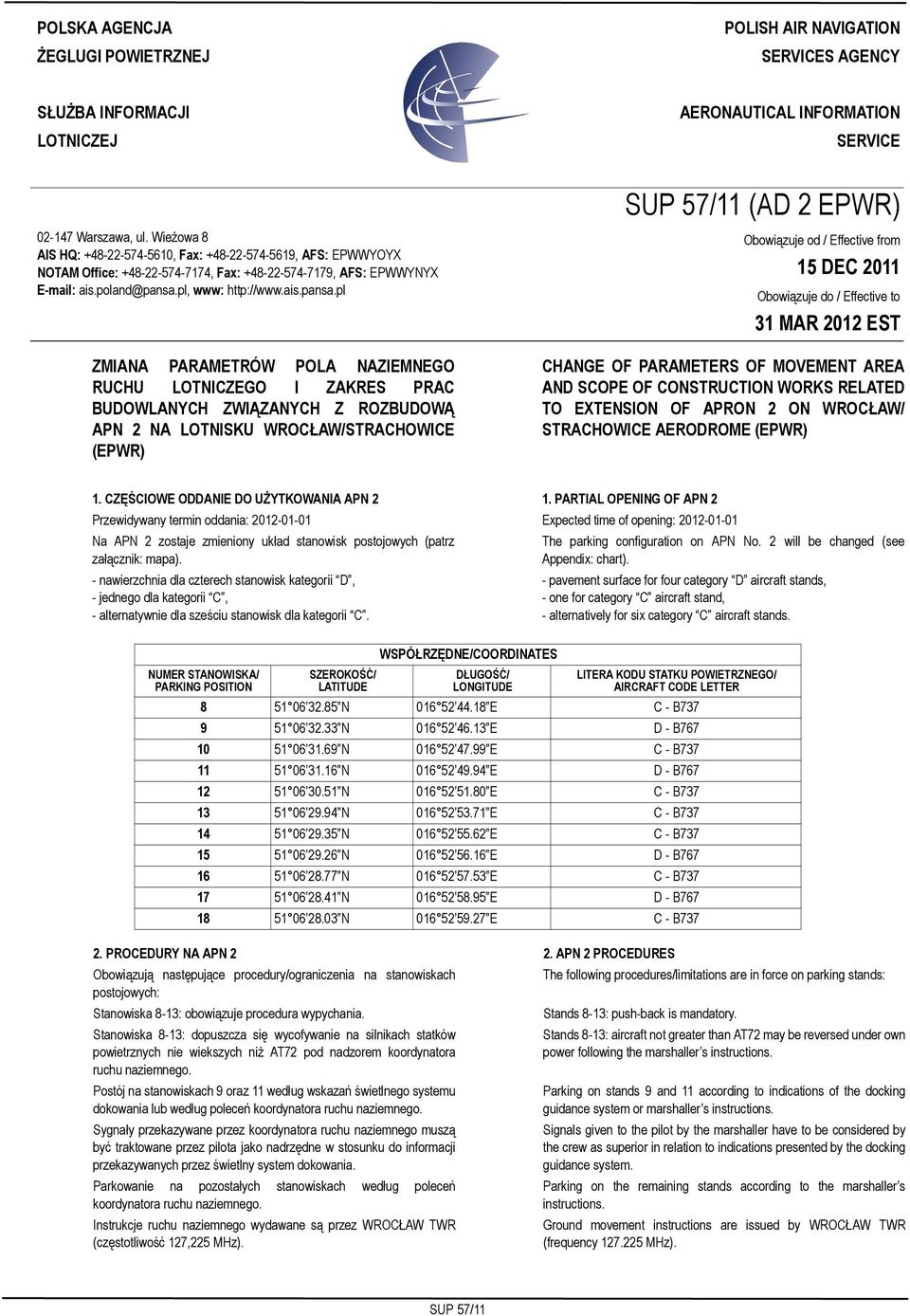 Wieżowa 8 AIS HQ: +48-22-574-5610, Fax: +48-22-574-5619, AFS: EPWWYOYX NOTAM Office: +48-22-574-7174, Fax: +48-22-574-7179, AFS: EPWWYNYX E-mail: ais.poland@pansa.