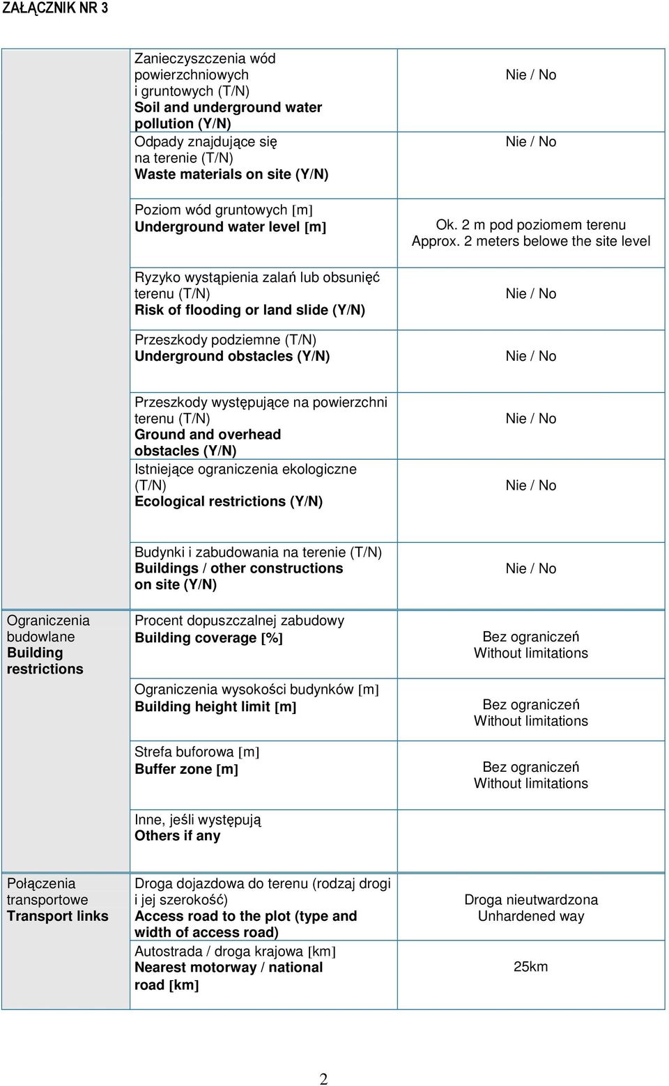 2 meters belowe the site level Przeszkody występujące na powierzchni (T/N) Ground and overhead obstacles (Y/N) Istniejące ograniczenia ekologiczne (T/N) Ecological restrictions (Y/N) Ograniczenia