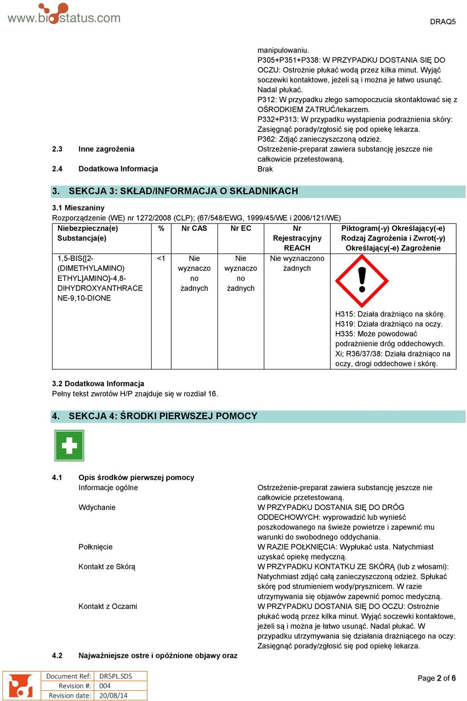 P362: Zdjąć zanieczyszczoną odzież. 2.3 Inne zagrożenia Ostrzeżenie-preparat zawiera substancję jeszcze nie całkowicie przetestowaną. 2.4 Dodatkowa Informacja Brak 3.