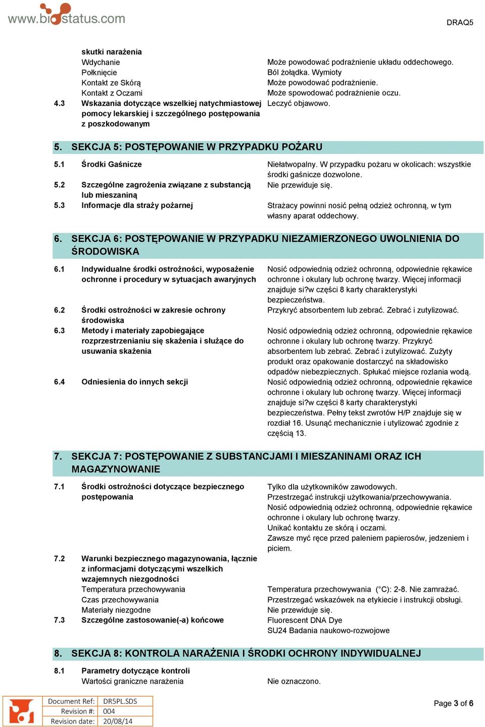 Wymioty Może powodować podrażnienie. Może spowodować podrażnienie oczu. Leczyć objawowo. 5. SEKCJA 5: POSTĘPOWANIE W PRZYPADKU POŻARU 5.1 Środki Gaśnicze Niełatwopalny.