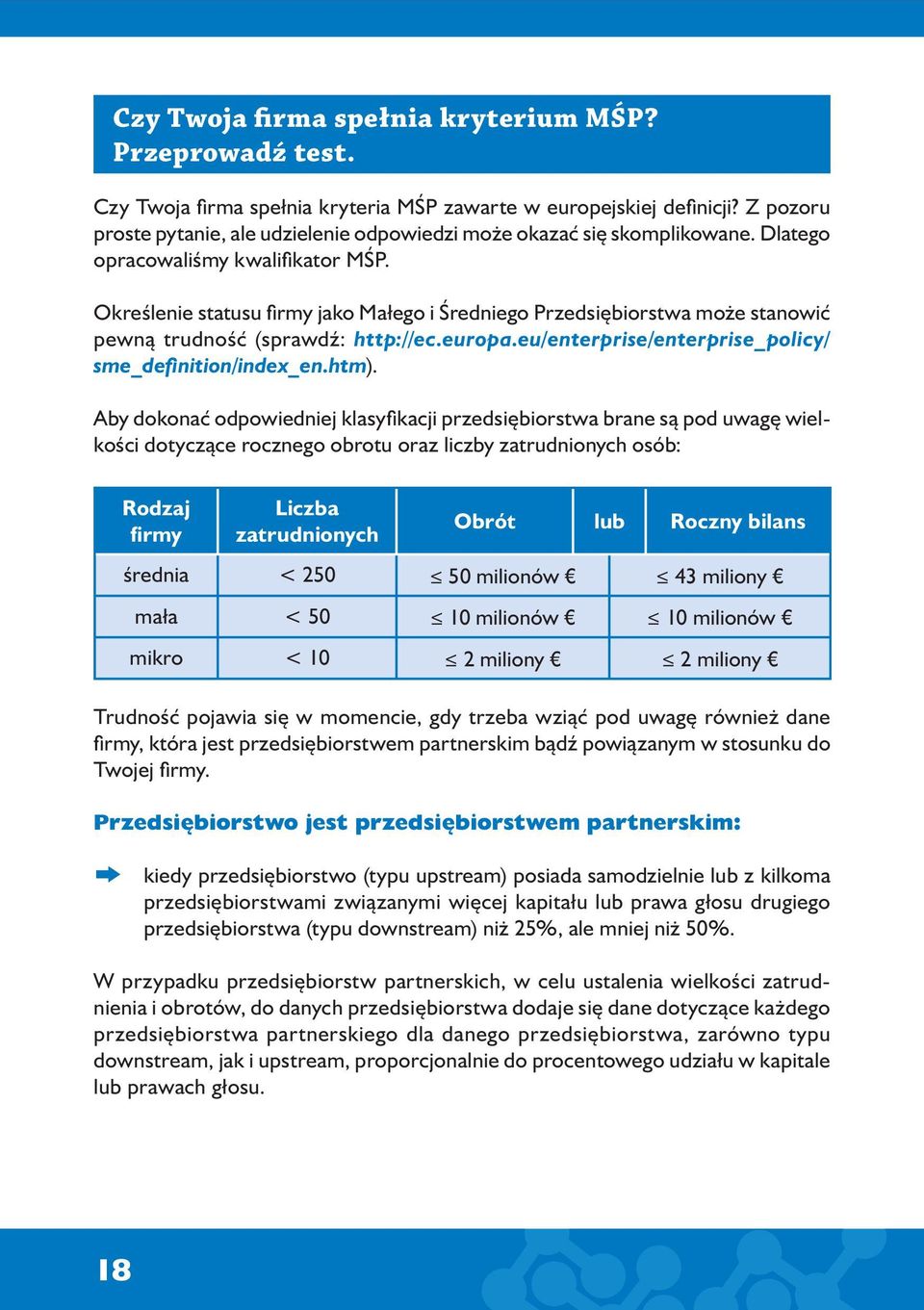 Określenie statusu fi rmy jako Małego i Średniego Przedsiębiorstwa może stanowić pewną trudność (sprawdź: http://ec.europa.eu/enterprise/enterprise_policy/ sme_definition/index_en.htm).
