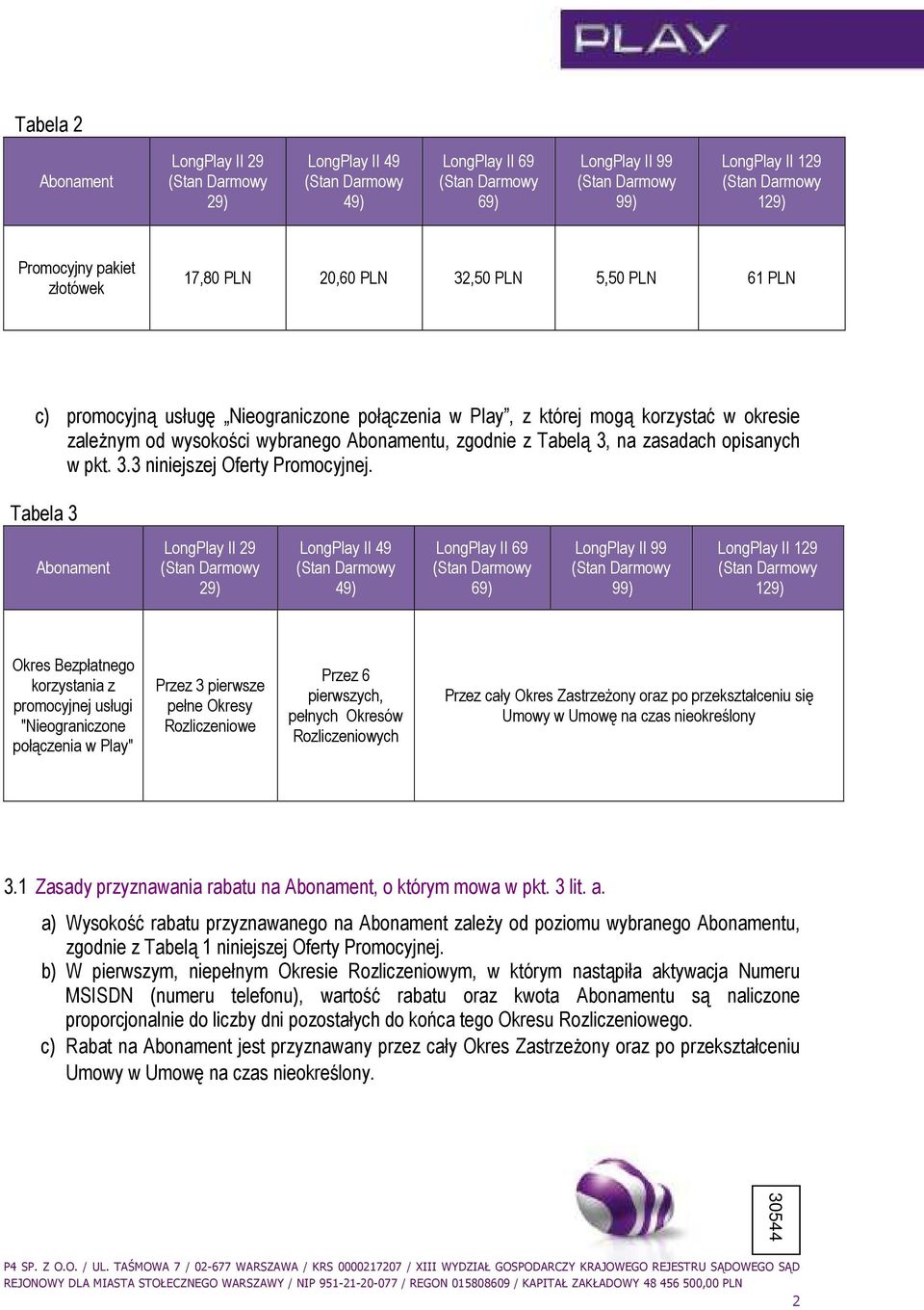Tabela 3 Abonament LongPlay II 29 29) LongPlay II 49 49) LongPlay II 69 69) LongPlay II 99 99) LongPlay II 129 129) Okres Bezpłatnego korzystania z promocyjnej usługi "Nieograniczone połączenia w
