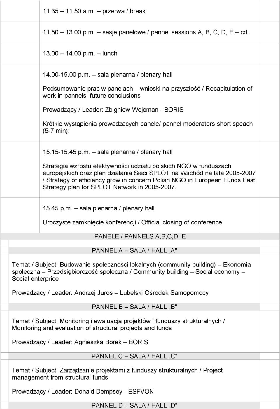 sesje panelowe / pannel sessions A, B, C, D, E cd. 13.00 14.00 p.m.