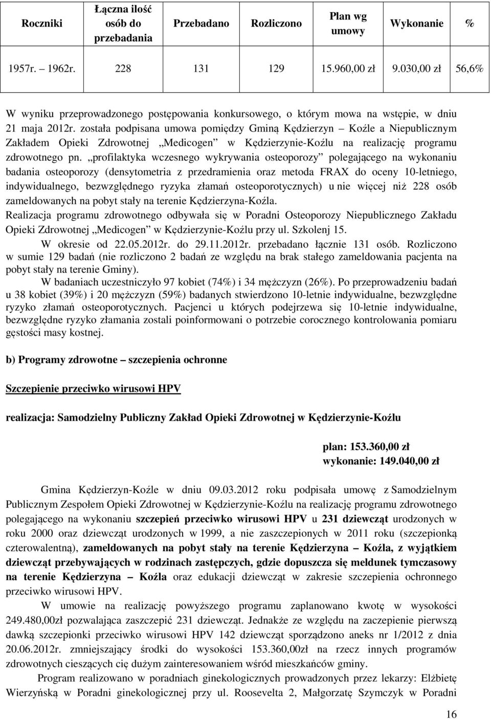 profilaktyka wczesnego wykrywania osteoporozy polegającego na wykonaniu badania osteoporozy (densytometria z przedramienia oraz metoda FRAX do oceny 10-letniego, indywidualnego, bezwzględnego ryzyka