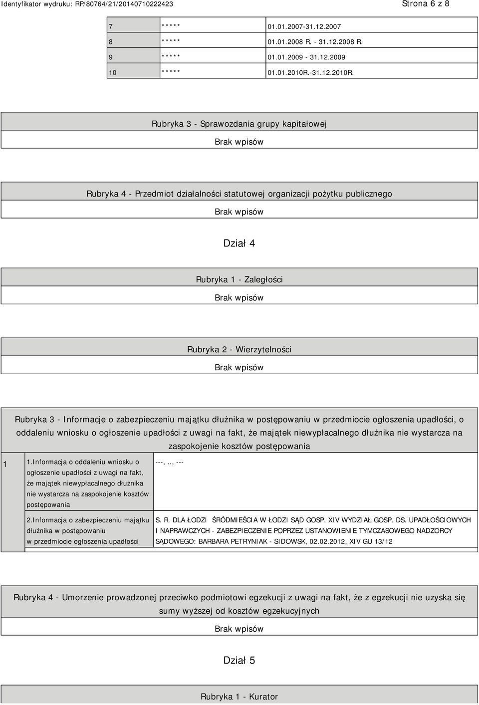 Rubryka 3 - Sprawozdania grupy kapitałowej Rubryka 4 - Przedmiot działalności statutowej organizacji pożytku publicznego Dział 4 Rubryka 1 - Zaległości Rubryka 2 - Wierzytelności Rubryka 3 -