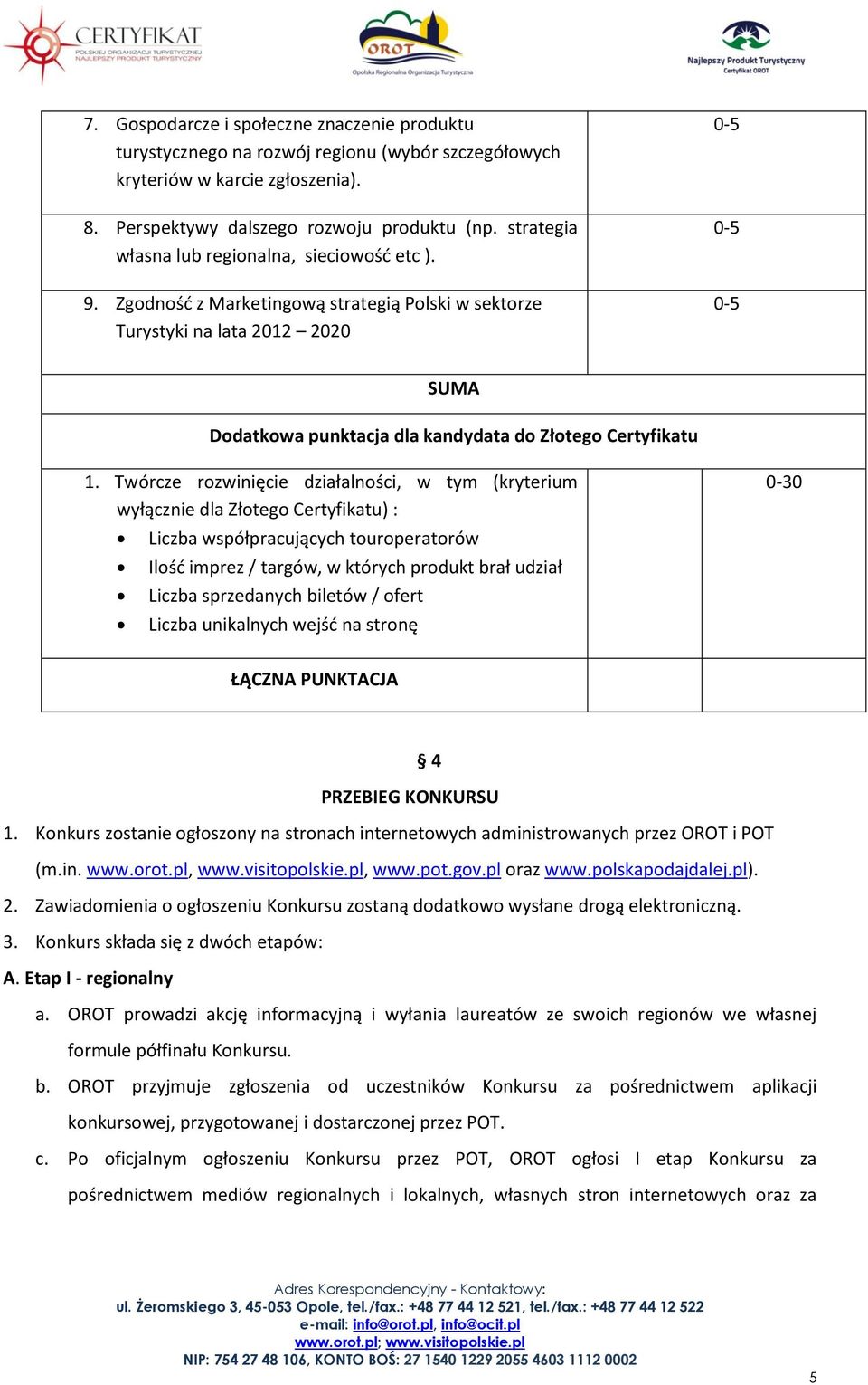 Twórcze rozwinięcie działalności, w tym (kryterium wyłącznie dla Złotego Certyfikatu) : Liczba współpracujących touroperatorów Ilość imprez / targów, w których produkt brał udział Liczba sprzedanych