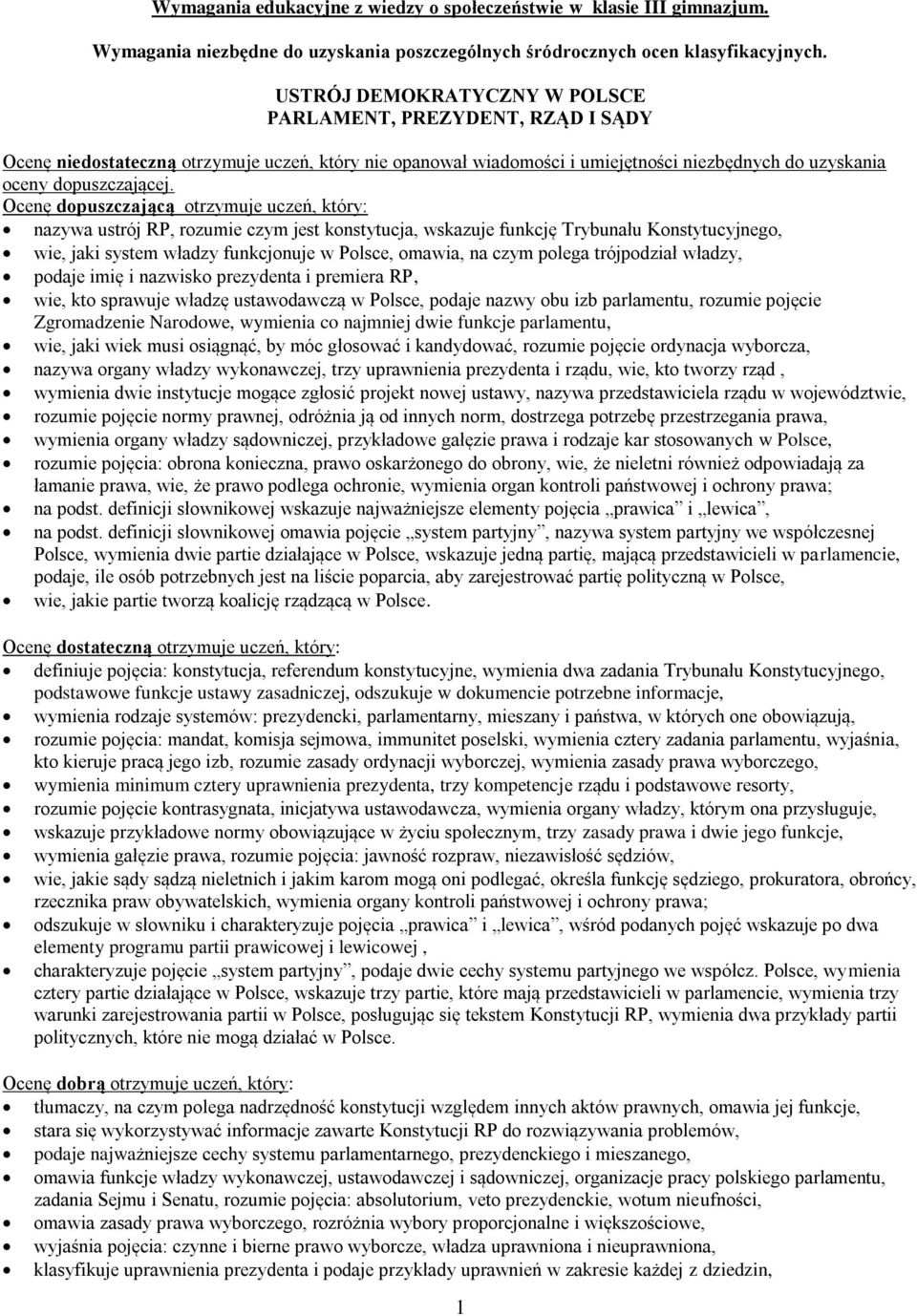 Ocenę dopuszczającą otrzymuje uczeń, który: nazywa ustrój RP, rozumie czym jest konstytucja, wskazuje funkcję Trybunału Konstytucyjnego, wie, jaki system władzy funkcjonuje w Polsce, omawia, na czym