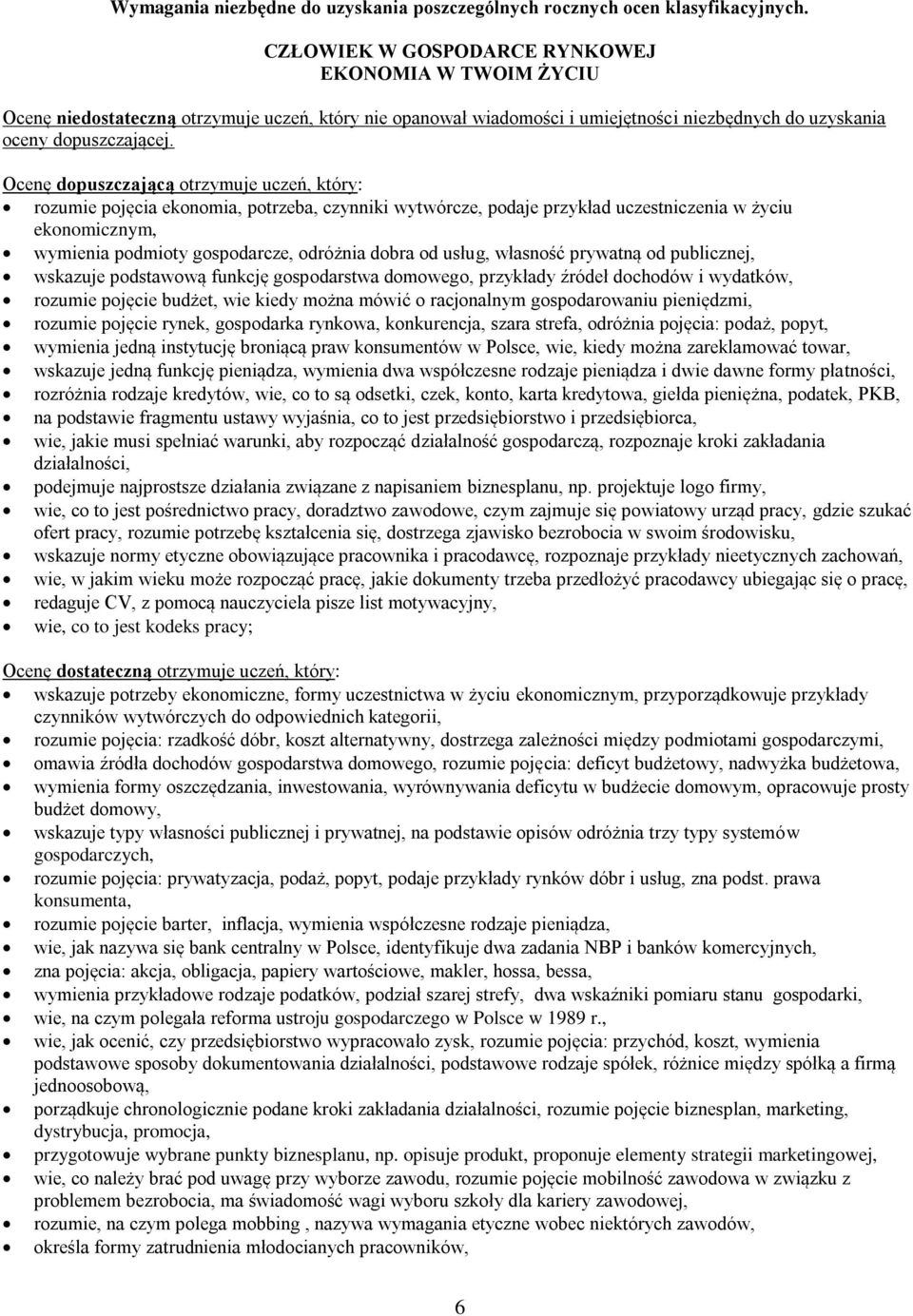 Ocenę dopuszczającą otrzymuje uczeń, który: rozumie pojęcia ekonomia, potrzeba, czynniki wytwórcze, podaje przykład uczestniczenia w życiu ekonomicznym, wymienia podmioty gospodarcze, odróżnia dobra