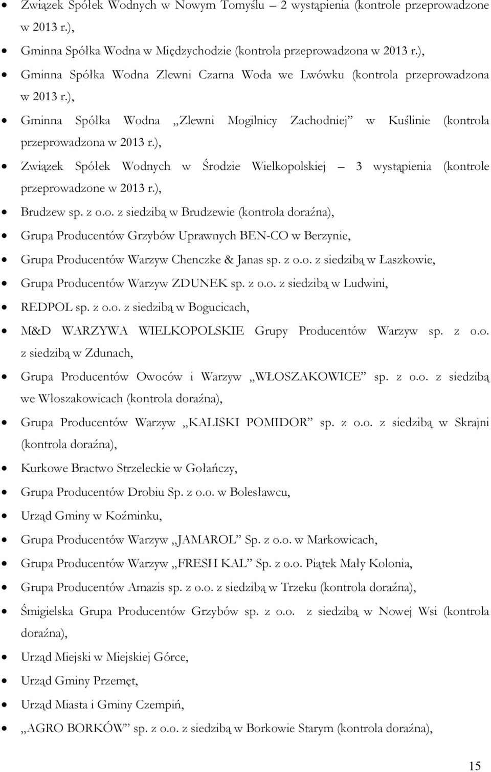 ), Związek Spółek Wodnych w Środzie Wielkopolskiej 3 wystąpienia (kontrole przeprowadzone w 2013 r.), Brudzew sp. z o.o. z siedzibą w Brudzewie (kontrola doraźna), Grupa Producentów Grzybów Uprawnych BEN-CO w Berzynie, Grupa Producentów Warzyw Chenczke & Janas sp.