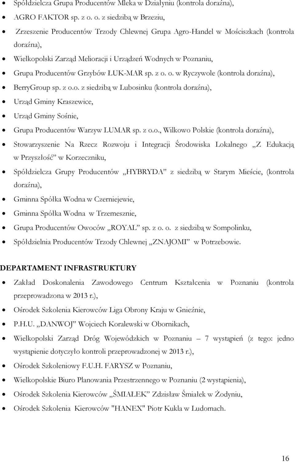 Grzybów ŁUK-MAR sp. z o. o. w Ryczywole (kontrola doraźna), BerryGroup sp. z o.o. z siedzibą w Lubosinku (kontrola doraźna), Urząd Gminy Kraszewice, Urząd Gminy Sośnie, Grupa Producentów Warzyw LUMAR sp.
