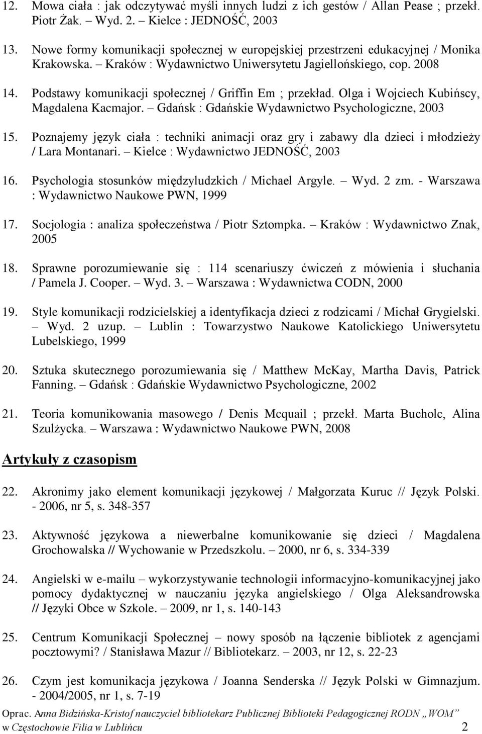 Podstawy komunikacji społecznej / Griffin Em ; przekład. Olga i Wojciech Kubińscy, Magdalena Kacmajor. Gdańsk : Gdańskie Wydawnictwo Psychologiczne, 2003 15.