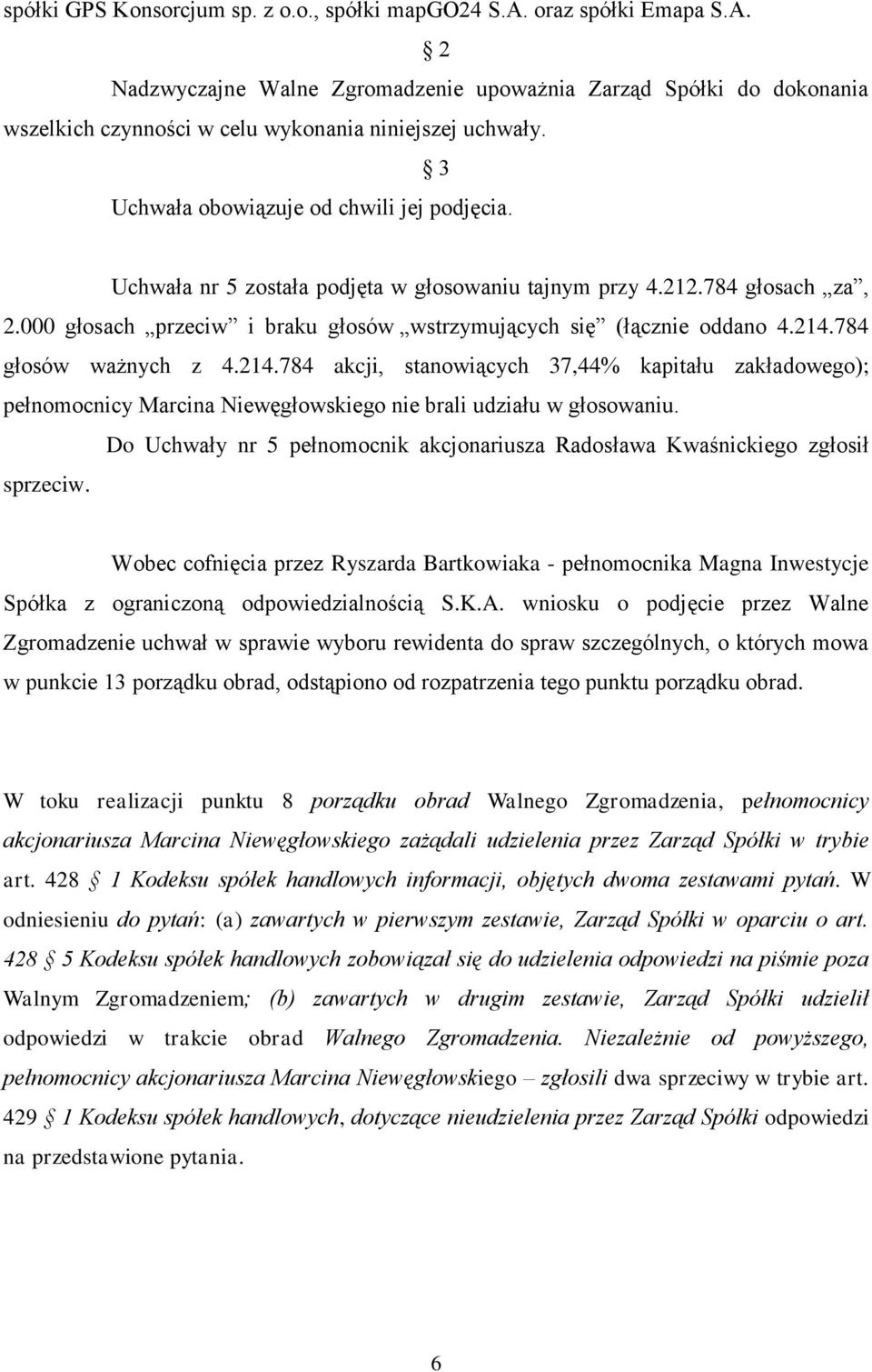 784 głosów ważnych z 4.214.784 akcji, stanowiących 37,44% kapitału zakładowego); pełnomocnicy Marcina Niewęgłowskiego nie brali udziału w głosowaniu.