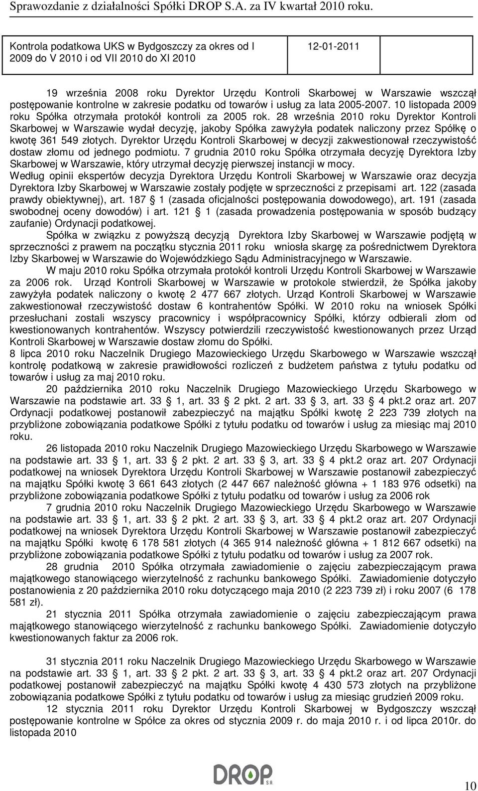 28 września 2010 roku Dyrektor Kontroli Skarbowej w Warszawie wydał decyzję, jakoby Spółka zawyżyła podatek naliczony przez Spółkę o kwotę 361 549 złotych.