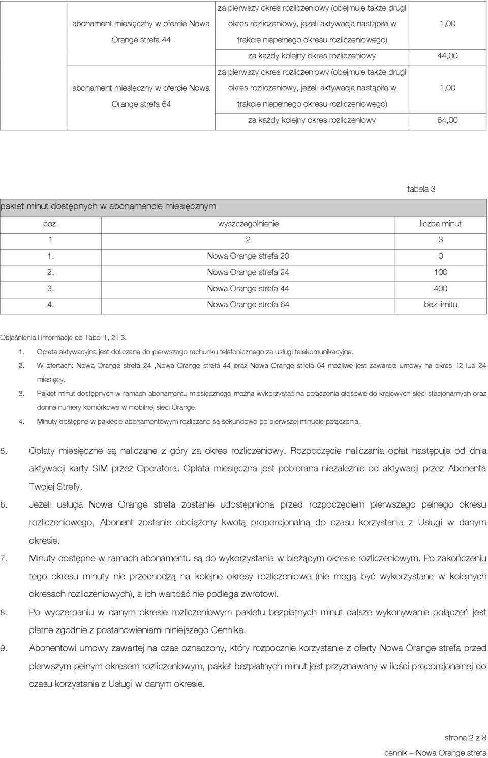 aktywacja nastąpiła w 1,00 trakcie niepełnego okresu rozliczeniowego) za każdy kolejny okres rozliczeniowy 64,00 tabela 3 pakiet minut dostępnych w abonamencie miesięcznym liczba minut 1.