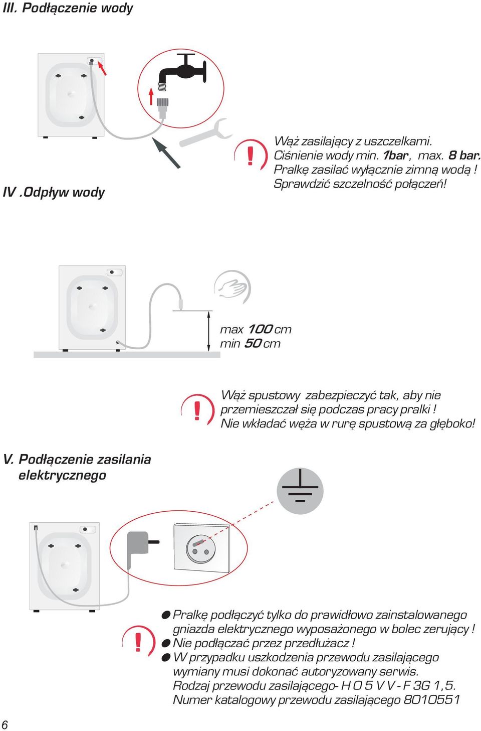 Pod³¹czenie zasilania elektrycznego O Pralkê pod³¹czyæ tylko do prawid³owo zainstalowanego gniazda elektrycznego wyposa onego w bolec zeruj¹cy!