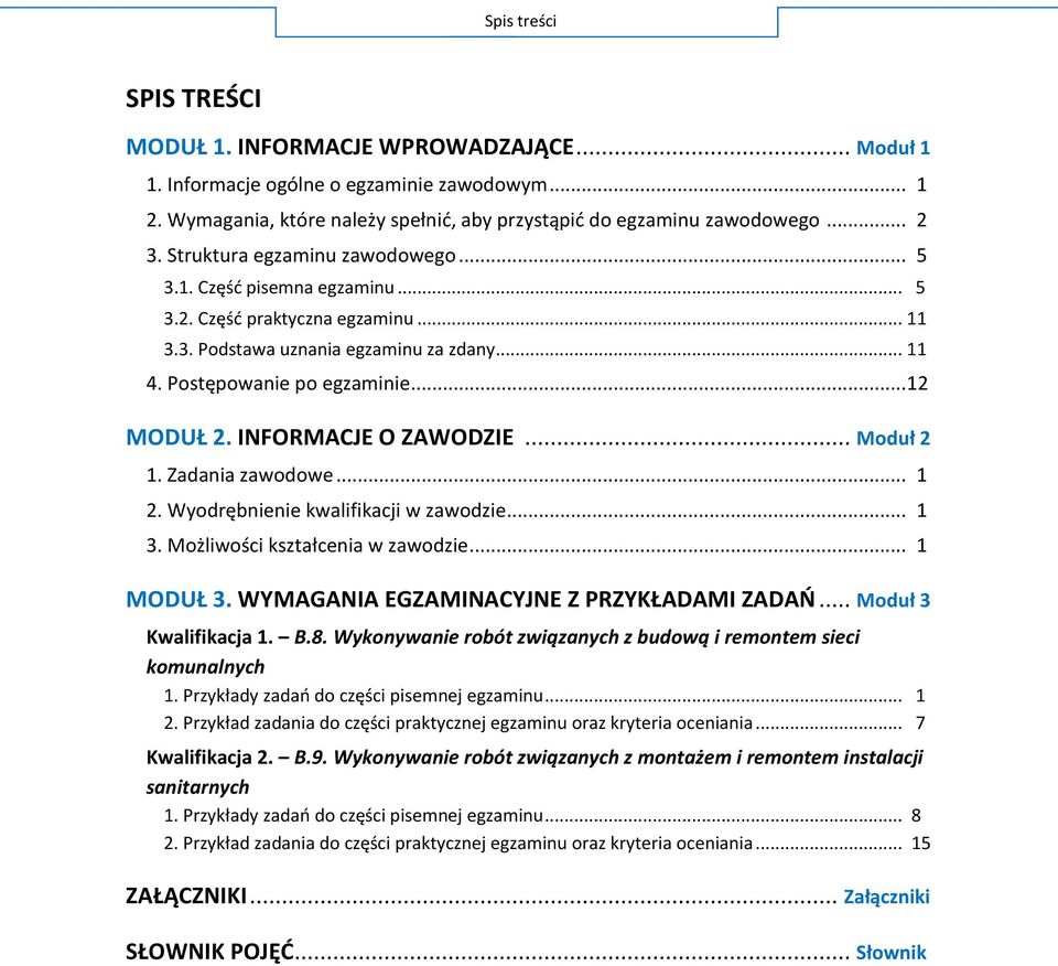 INFORMACJE O ZAWODZIE... Moduł 2 1. Zadania zawodowe... 1 2. Wyodrębnienie kwalifikacji w zawodzie... 1 3. Możliwości kształcenia w zawodzie... 1 MODUŁ 3. WYMAGANIA EGZAMINACYJNE Z PRZYKŁADAMI ZADAŃ.