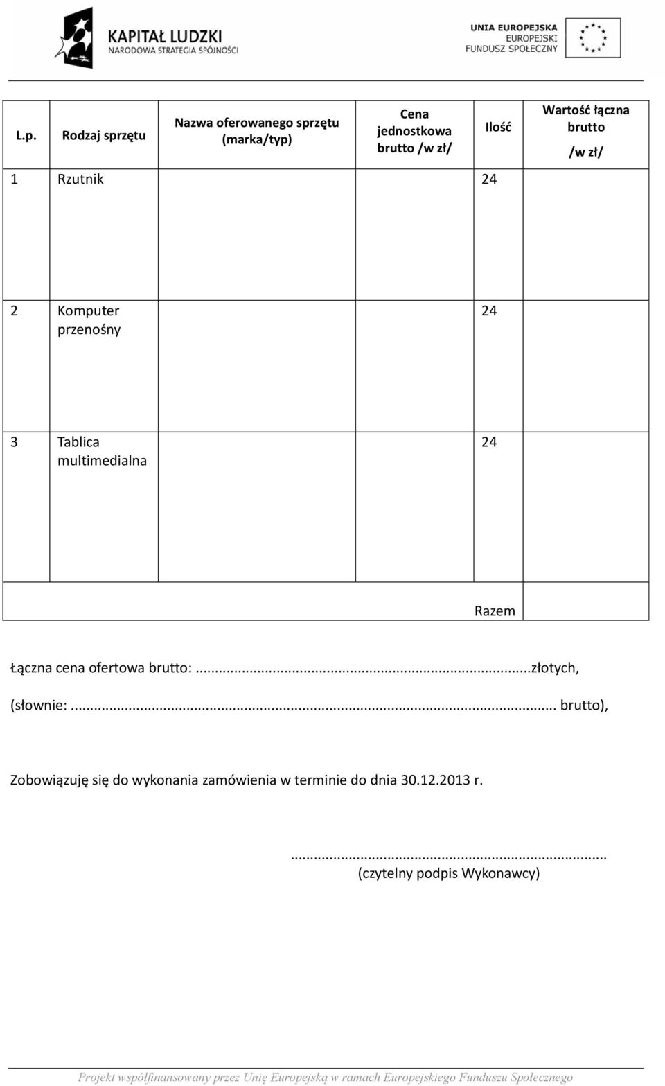 multimedialna 24 Razem Łączna cena ofertowa brutto:...złotych, (słownie:.