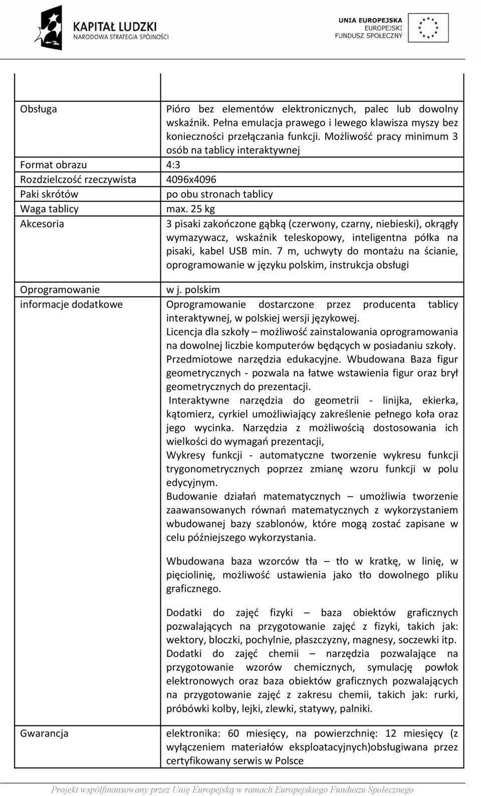25 kg Akcesoria 3 pisaki zakończone gąbką (czerwony, czarny, niebieski), okrągły wymazywacz, wskaźnik teleskopowy, inteligentna półka na pisaki, kabel USB min.