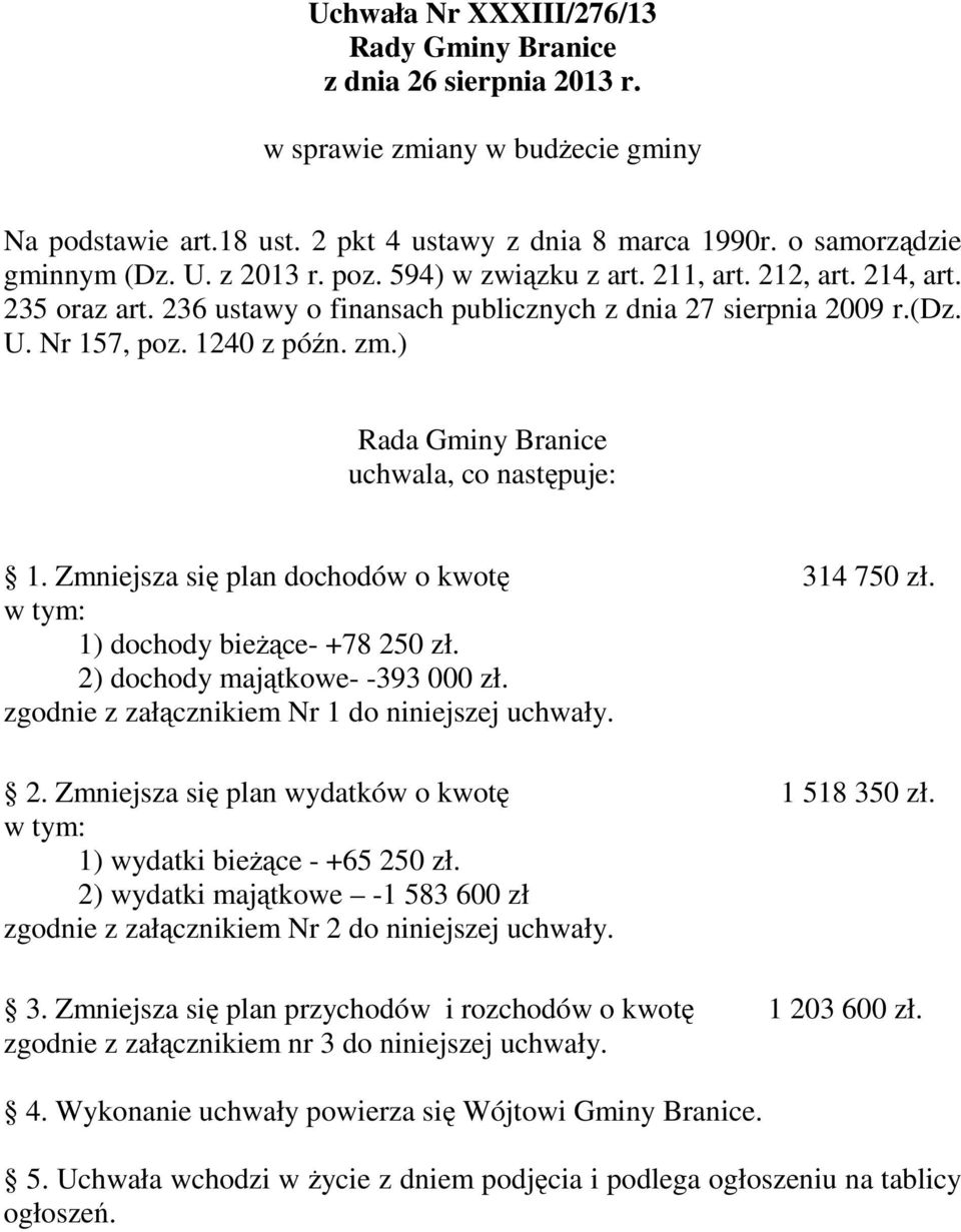 Zmniejsza się plan dochodów o kwotę 314 750 zł. w tym: 1) dochody bieżące- +78 250 zł. 2) dochody majątkowe- -393 000 zł. zgodnie z załącznikiem Nr 1 do niniejszej uchwały. 2. Zmniejsza się plan wydatków o kwotę 1 518 350 zł.