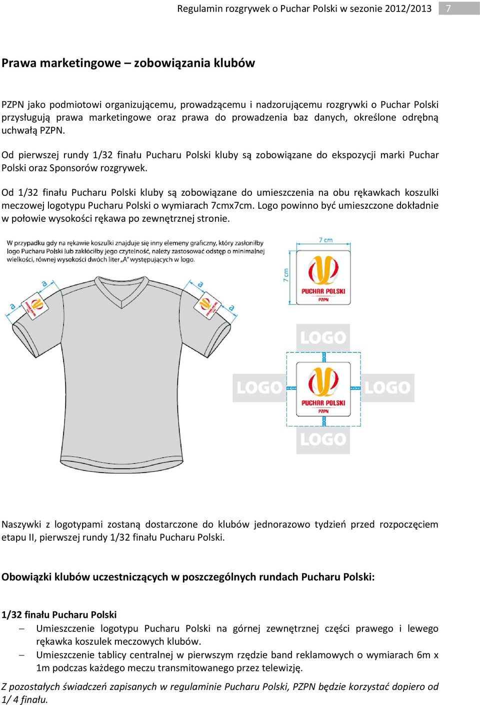 Od 1/32 finału Pucharu Polski kluby są zobowiązane do umieszczenia na obu rękawkach koszulki meczowej logotypu Pucharu Polski o wymiarach 7cmx7cm.