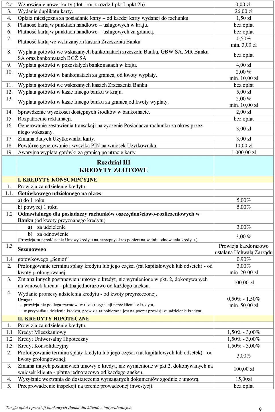 Wypłata gotówki we wskazanych bankomatach zrzeszeń: Banku, GBW SA, MR Banku SA oraz bankomatach BGŻ SA 9. Wypłata gotówki w pozostałych bankomatach w kraju. 4,00 zł 10.