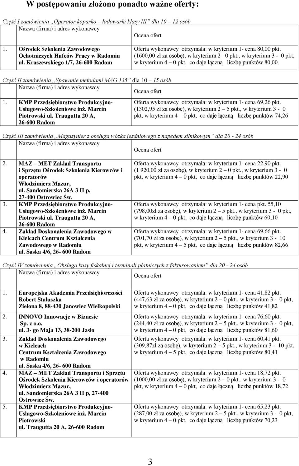 , w kryterium 3-0 pkt, w kryterium 4 0 pkt, co daje łączną liczbę punktów 80,00. Część II zamówienia Spawanie metodami MAG 135 dla 10 15 osób 1. KMP Przedsiębiorstwo Produkcyjno- ul.