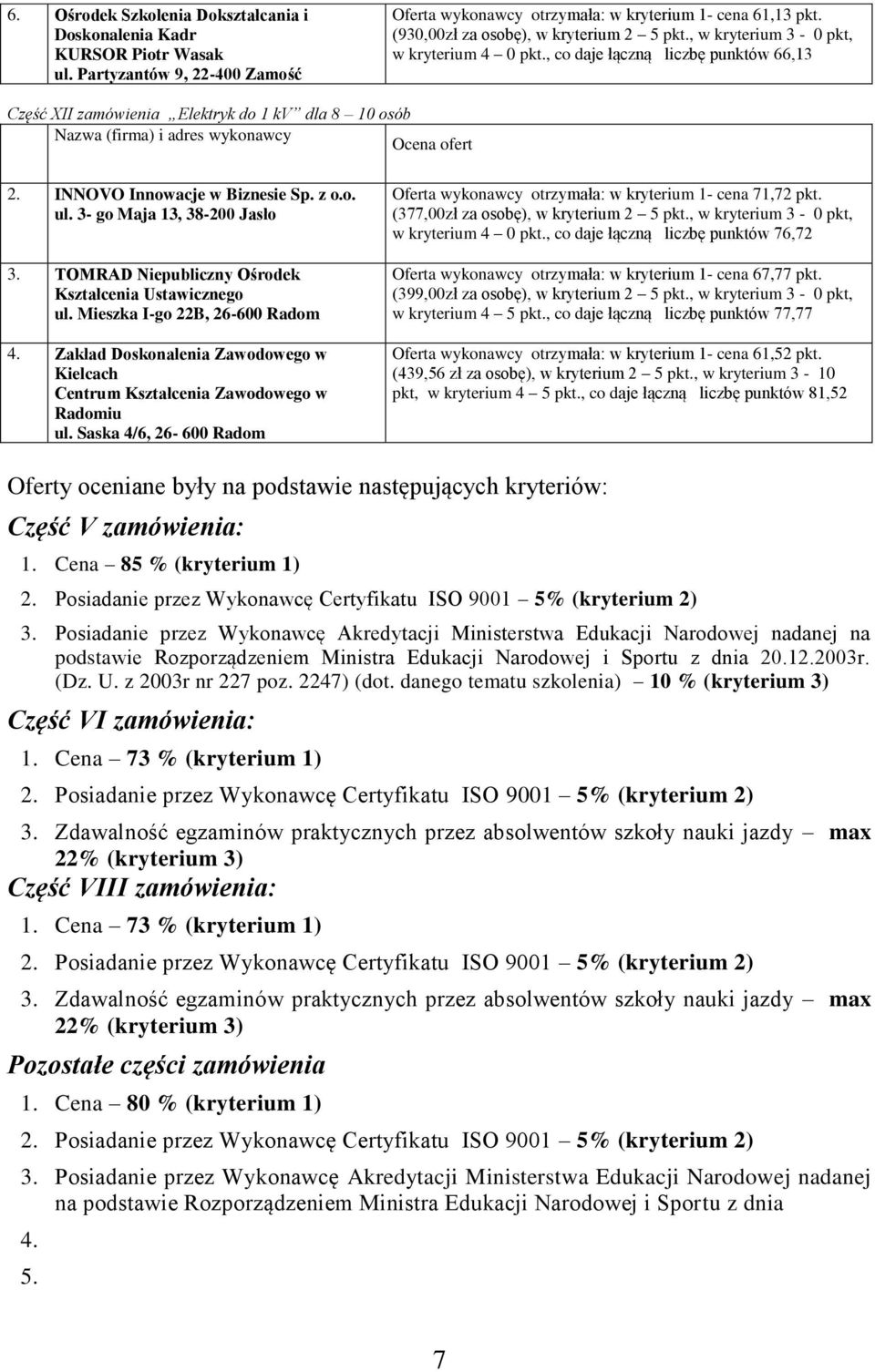 INNOVO Innowacje w Biznesie Sp. z o.o. ul. 3- go Maja 13, 38-200 Jasło 3. TOMRAD Niepubliczny Ośrodek Kształcenia Ustawicznego ul. Mieszka I-go 22B, 26-600 Radom 4.