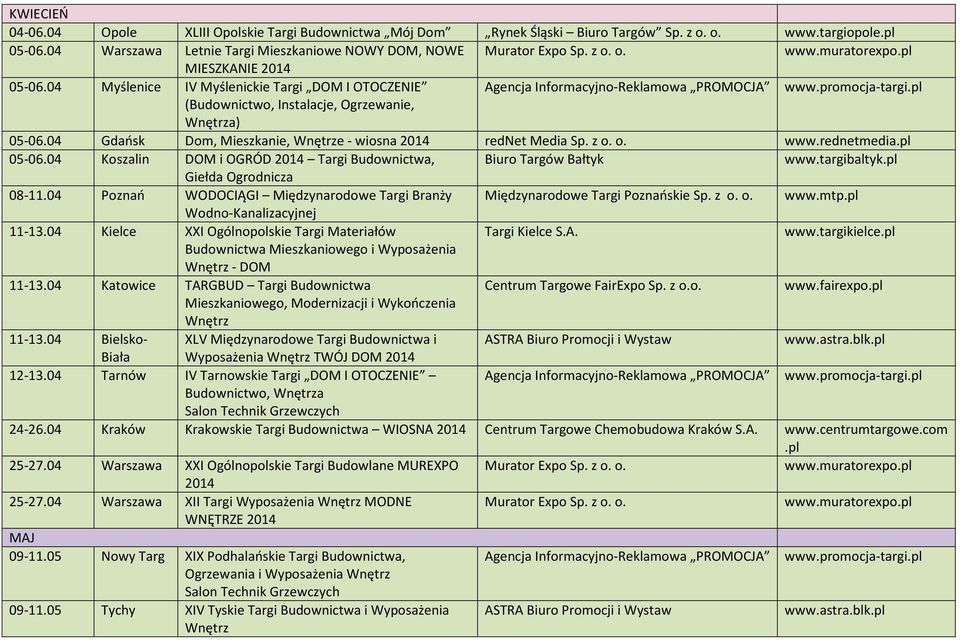 04 Gdańsk Dom, Mieszkanie, Wnętrze - wiosna 2014 rednet Media Sp. z o. o. www.rednetmedia.pl 05-06.04 Koszalin DOM i OGRÓD 2014 Targi Budownictwa, Biuro Targów Bałtyk www.targibaltyk.