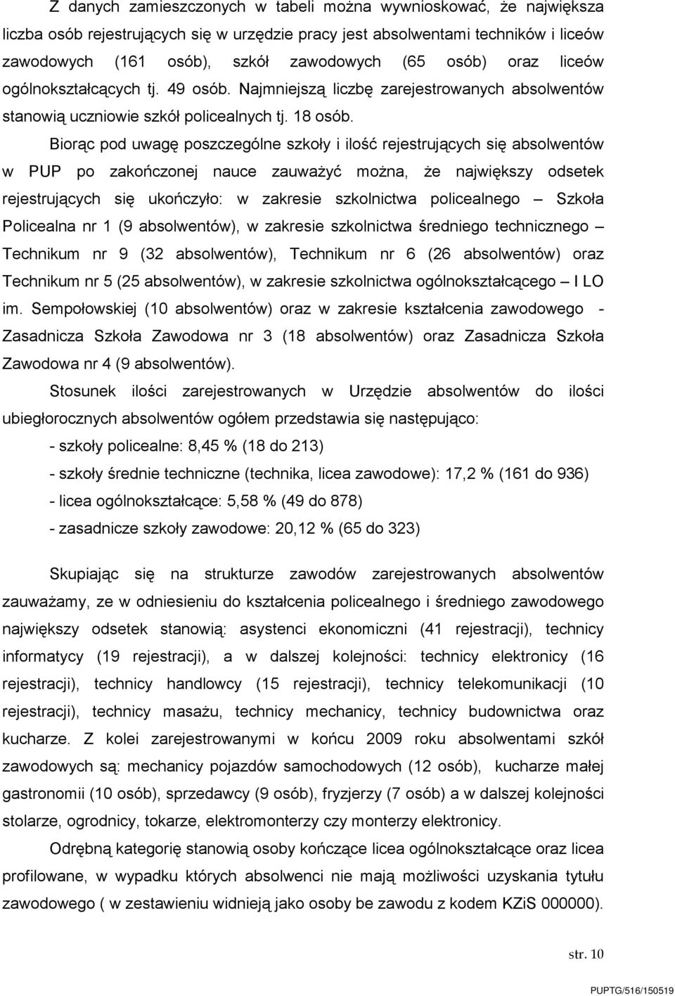 Biorąc pod uwagę poszczególne szkoły i ilość rejestrujących się absolwentów w PUP po zakończonej nauce zauważyć można, że największy odsetek rejestrujących się ukończyło: w zakresie szkolnictwa