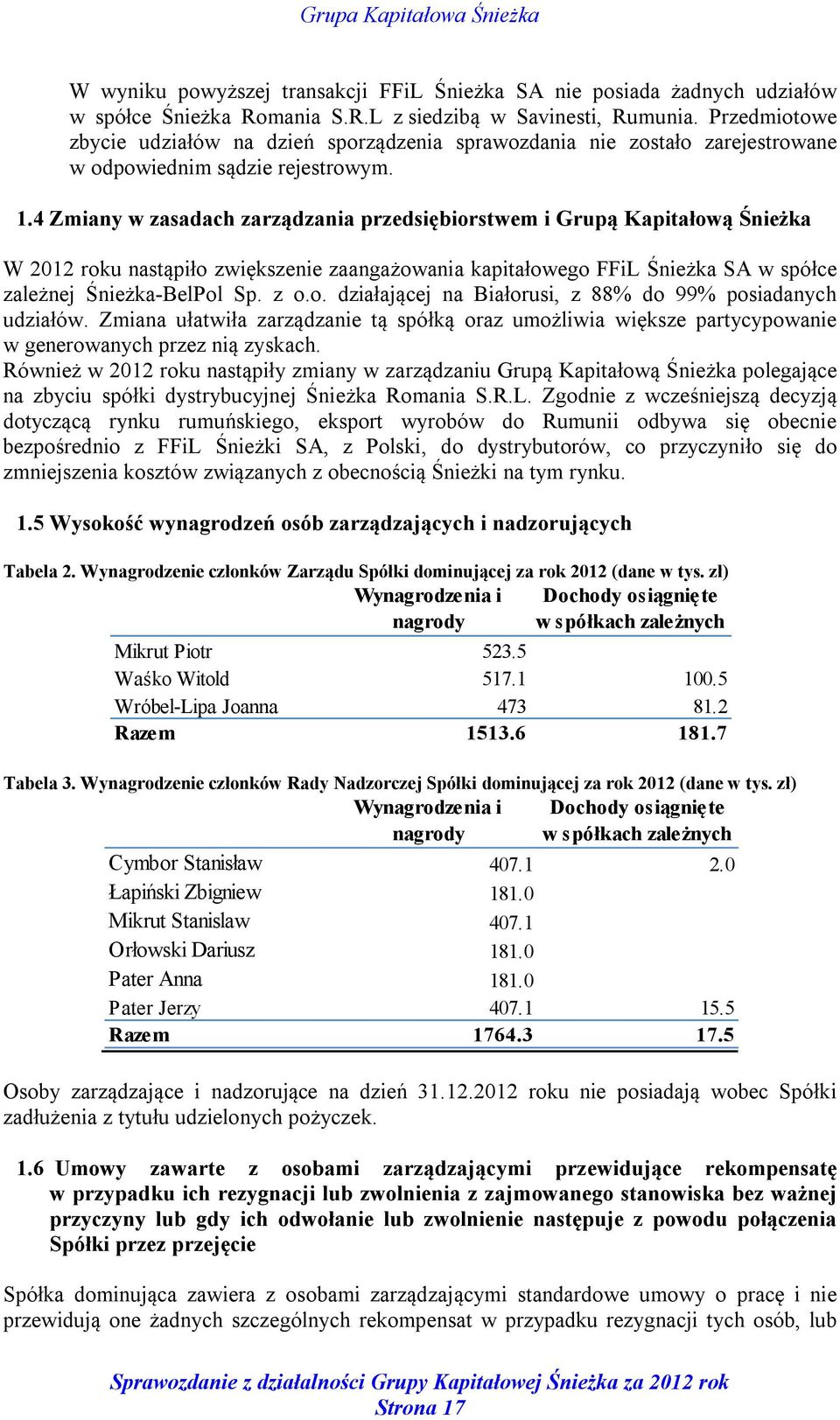 4 Zmiany w zasadach zarządzania przedsiębiorstwem i Grupą Kapitałową Śnieżka W 2012 roku nastąpiło zwiększenie zaangażowania kapitałowego FFiL Śnieżka SA w spółce zależnej Śnieżka-BelPol Sp. z o.o. działającej na Białorusi, z 88% do 99% posiadanych udziałów.