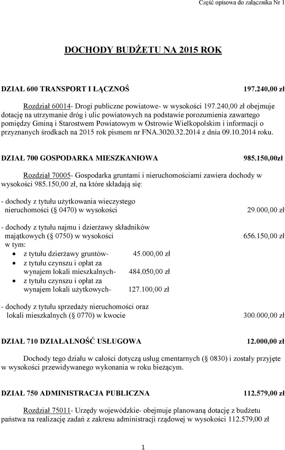 środkach na 2015 rok pismem nr FNA.3020.32.2014 z dnia 09.10.2014 roku. DZIAŁ 700 GOSPODARKA MIESZKANIOWA 985.