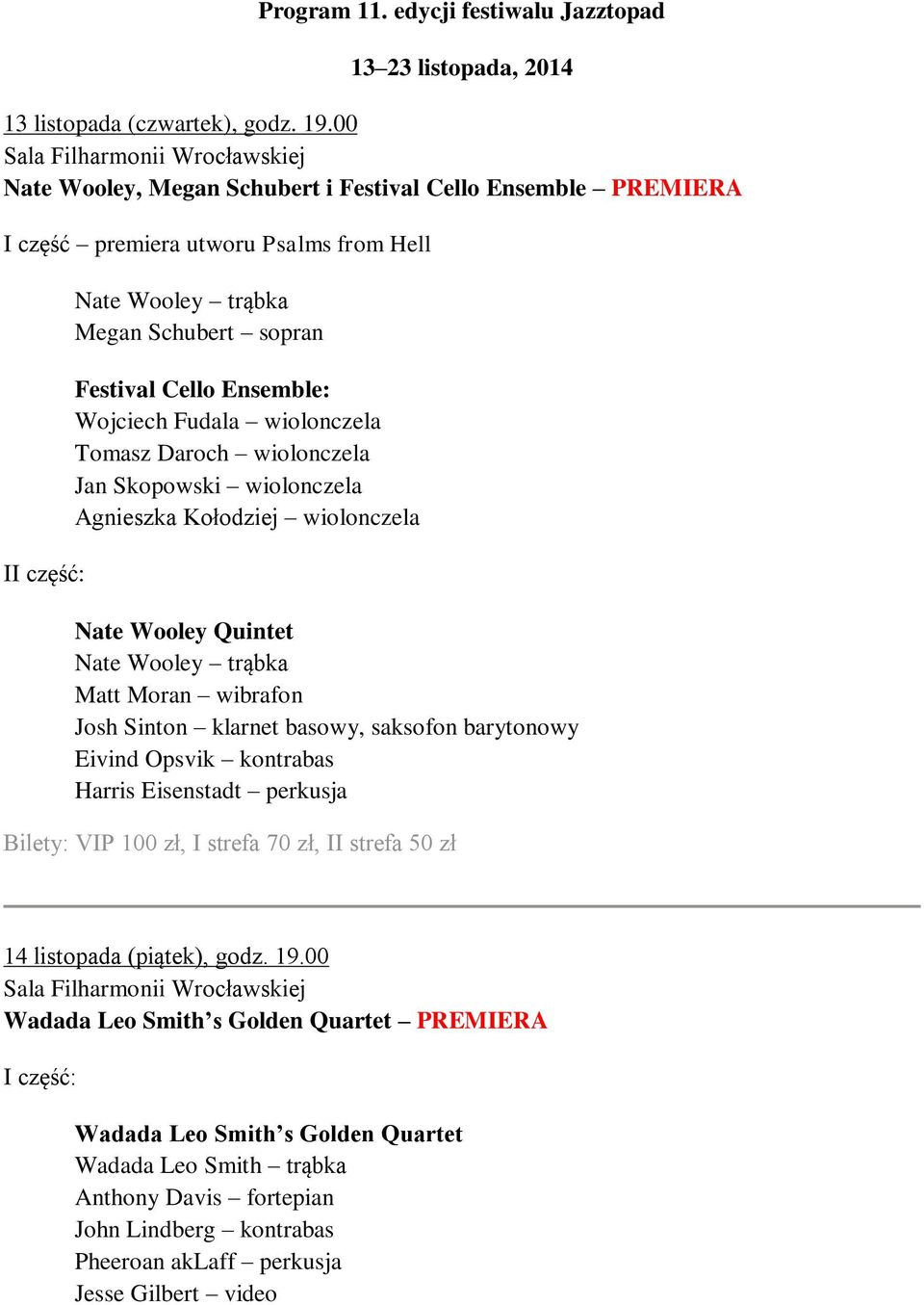 wiolonczela Tomasz Daroch wiolonczela Jan Skopowski wiolonczela Agnieszka Kołodziej wiolonczela Nate Wooley Quintet Nate Wooley trąbka Matt Moran wibrafon Josh Sinton klarnet basowy, saksofon