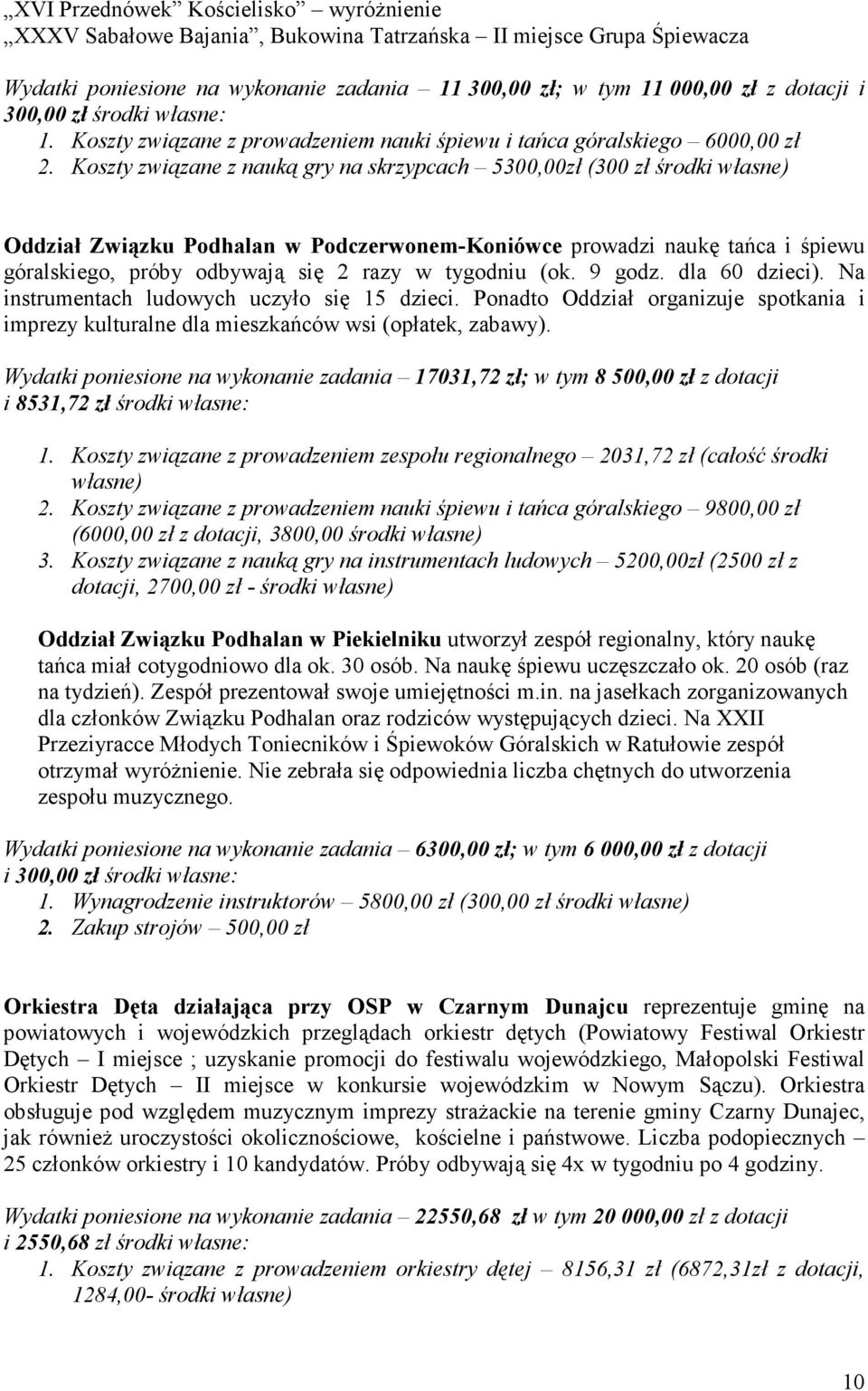 Koszty związane z nauką gry na skrzypcach 5300,00zł (300 zł środki własne) Oddział Związku Podhalan w Podczerwonem-Koniówce prowadzi naukę tańca i śpiewu góralskiego, próby odbywają się 2 razy w