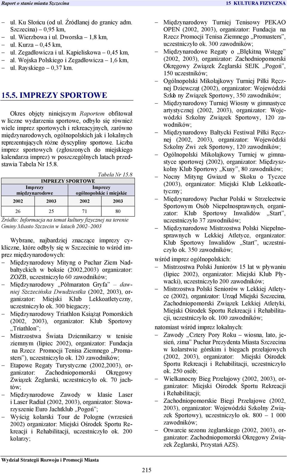 5. IMPREZY SPORTOWE Okres objęty niniejszym Raportem obfitował w liczne wydarzenia sportowe, odbyło się również wiele imprez sportowych i rekreacyjnych, zarówno międzynarodowych, ogólnopolskich jak i