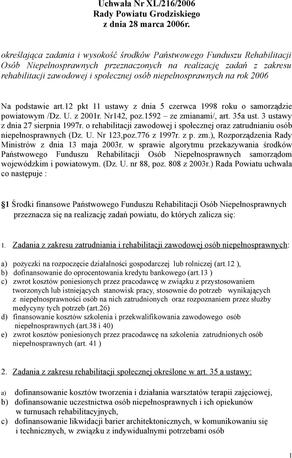 niepełnosprawnych na rok 2006 Na podstawie art.12 pkt 11 ustawy z dnia 5 czerwca 1998 roku o samorządzie powiatowym /Dz. U. z 2001r. Nr142, poz.1592 ze zmianami/, art. 35a ust.