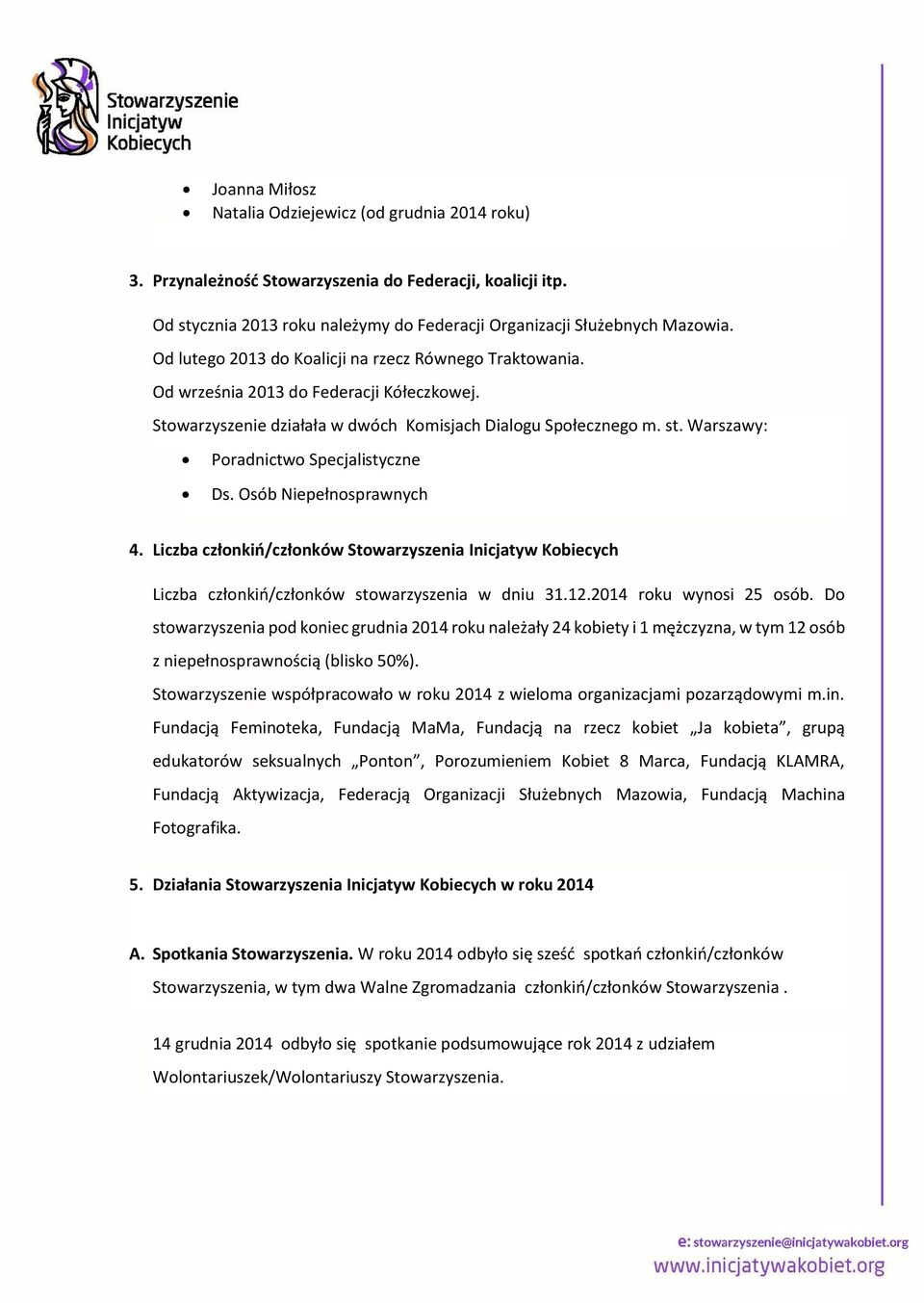 Warszawy: Poradnictwo Specjalistyczne Ds. Osób Niepełnosprawnych 4. Liczba członkiń/członków Stowarzyszenia Inicjatyw Kobiecych Liczba członkiń/członków stowarzyszenia w dniu 31.12.