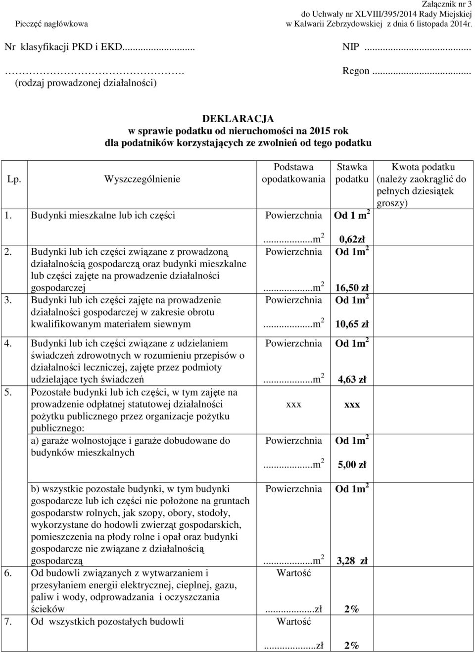 Budynki mieszkalne lub ich części Stawka podatku Od 1 m 2 Kwota podatku (należy zaokrąglić do pełnych dziesiątek groszy) 2.