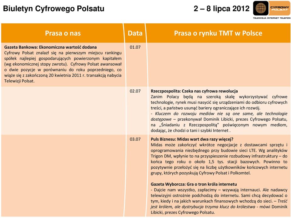 07 Rzeczpospolita: Czeka nas cyfrowa rewolucja Zanim Polacy będą na szeroką skalę wykorzystywać cyfrowe technologie, rynek musi nasycić się urządzeniami do odbioru cyfrowych treści, a państwo usunąć